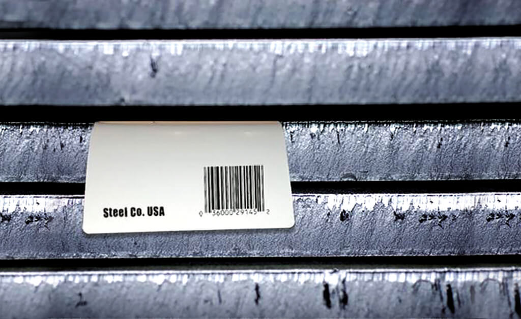 Steel Marking Label placed on stack of steel sheets